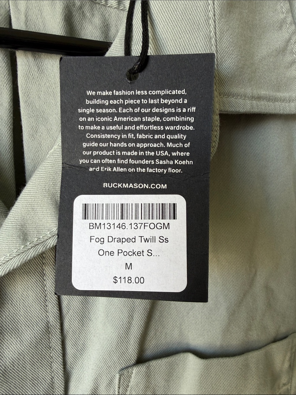 Buck Mason Fog Draped Twill Short Sleeve One Pocket button up - Fog Green Men M - Picture 2 of 12